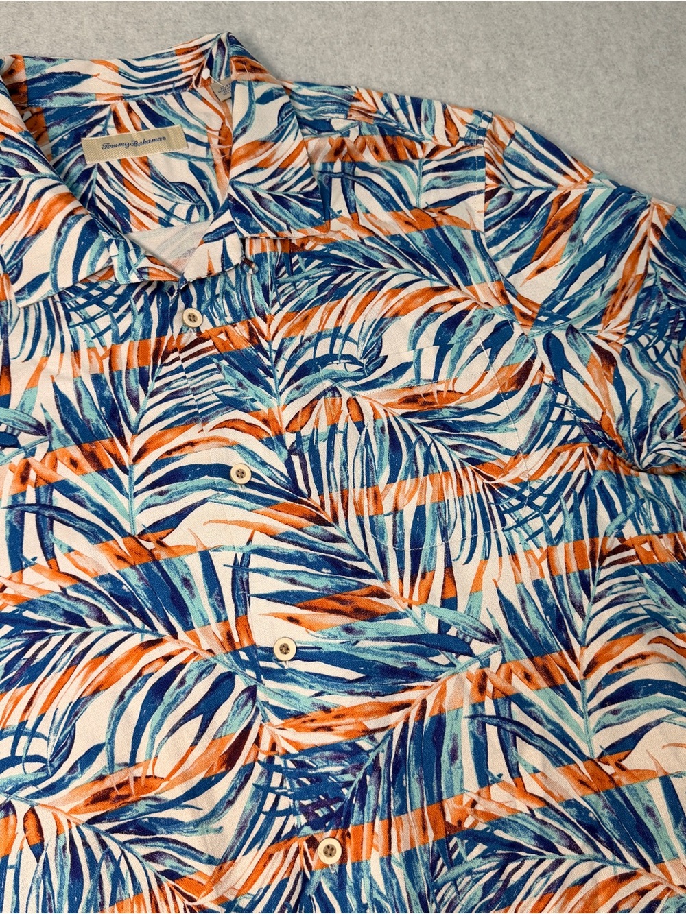 Tommy Bahama Cream Shirt with Blue and Orange Brushstroke Print